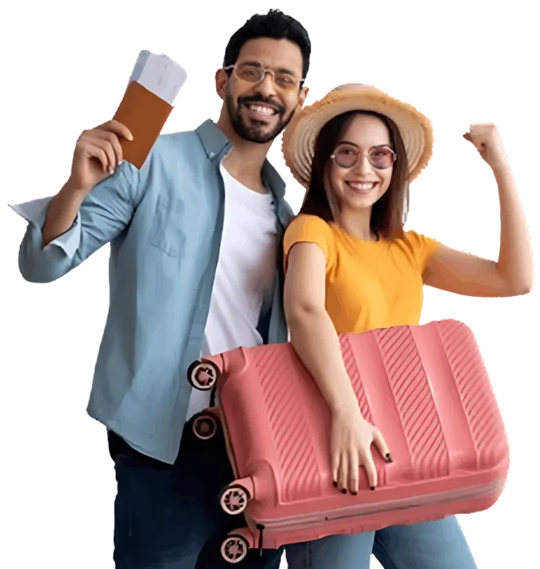 Excited travelers with suitcase